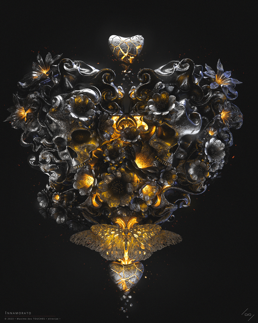 Valentine's day 2023 3d illustration that represents two dying lovers with broken hearts and a dying butterfly on dark background.